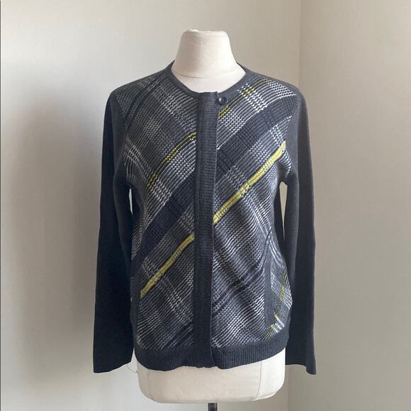 JONES NEW YORK Plaid Cardigan Sweater Womens Sz Large Grey Yellow Full Zip - Picture 1 of 9